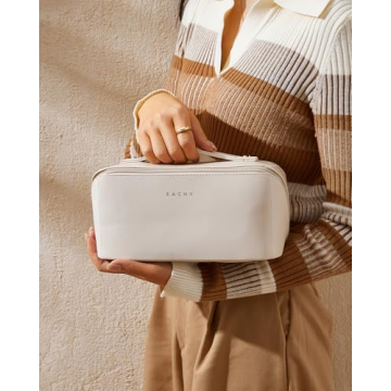EACHY Travel Makeup Bag, Large Capacity Cosmetic Bags for Women, Waterproof Portable Open Flat Toiletry Bag Make up Bag with Divider and Handle, Christmas Gifts (White, Medium)