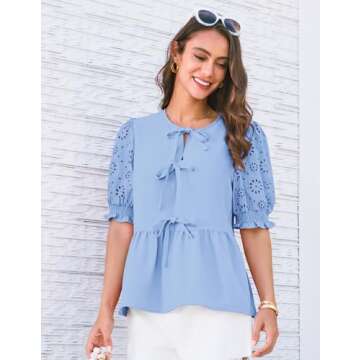 GRACE KARIN Women Tie Front Peplum Tops Summer Short Puff Sleeve Blouses Bow Loose Fit Babydoll Shir...