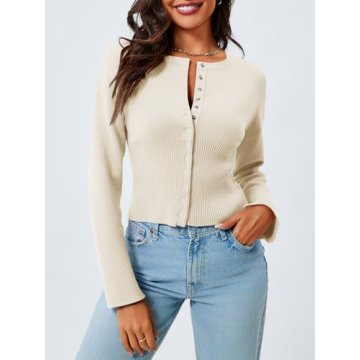 Saodimallsu Womens Cropped V-Neck Ribbed Knit Sweater