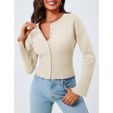 Saodimallsu Womens Cropped V-Neck Ribbed Knit Sweater