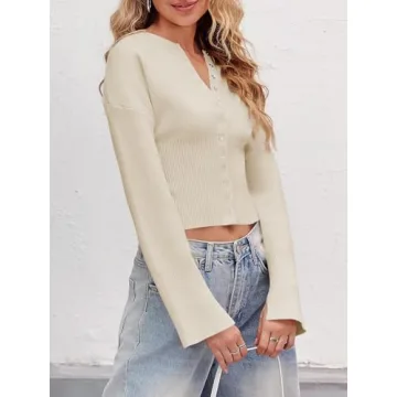 Saodimallsu Womens Cropped V-Neck Ribbed Knit Sweater