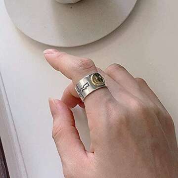 MELLIFO Preppy Smile Face Ring Wide Chunky Adjustable Vintage Silver Smiling Stackable Open Finger Ring for Women Men (Style 1)