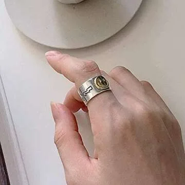 MELLIFO Preppy Smile Face Ring Wide Chunky Adjustable Vintage Silver Smiling Stackable Open Finger Ring for Women Men (Style 1)