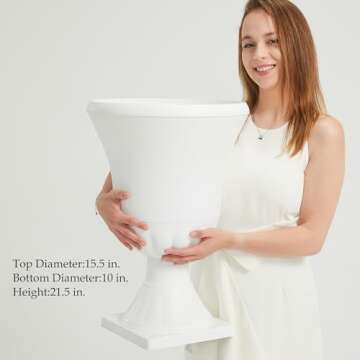 Worth Garden 2-Pack Plastic Urn Planters - 22'' Tall Round Classic Resin Flower Pots Pure White Trad...