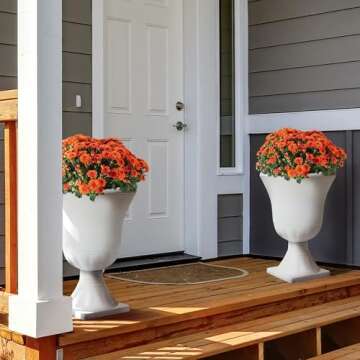 Worth Garden 2-Pack Plastic Urn Planters - 22'' Tall Round Classic Resin Flower Pots Pure White Traditional Large Plant Pots for Front Porch Patio Deck Wedding Decoration Pot - Indoor & Outdoor