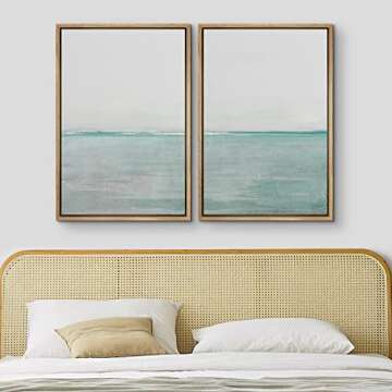 MUDECOR Framed Canvas Print Wall Art Set Teal Watercolor Paint Strokes Abstract Shapes Illustrations Modern Art Decorative Bohemian Calm/Zen for Living Room, Bedroom, Office - 24"x36"x2 Natural