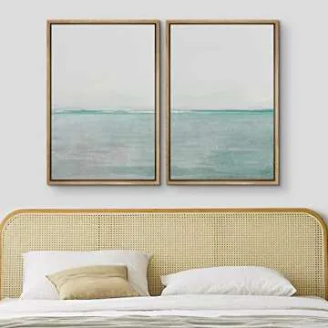 MUDECOR Framed Canvas Print Wall Art Set Teal Watercolor Paint Strokes Abstract Shapes Illustrations Modern Art Decorative Bohemian Calm/Zen for Living Room, Bedroom, Office - 24"x36"x2 Natural