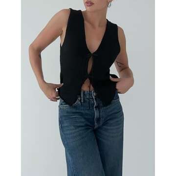 Meihuida Women Vest Top Tie Front Y2k Crochet Knit V Neck Sleeveless Vest Casual Streetwear Black M