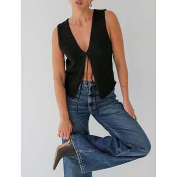 Meihuida Women Vest Top Tie Front Y2k Crochet Knit V Neck Sleeveless Vest Casual Streetwear Black M