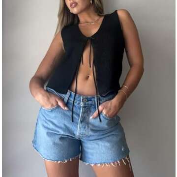 Meihuida Women Vest Top Tie Front Y2k Crochet Knit V Neck Sleeveless Vest Casual Streetwear Black M