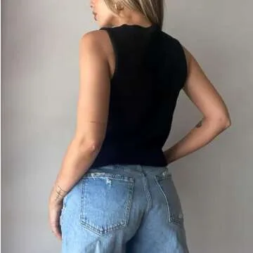 Meihuida Women Vest Top Tie Front Y2k Crochet Knit V Neck Sleeveless Vest Casual Streetwear Black M