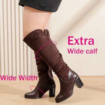Luoika Women's Extra Wide Calf Knee High Boots - Brown 9.5XW, Comfortable Chunky Heel