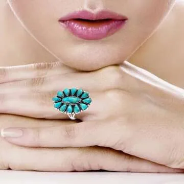 Southwest Style Ring Sterling Silver Genuine Turquoise & Gemstones (Turquoise, 7)