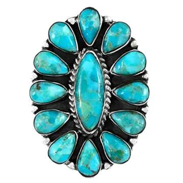 Southwest Style Ring Sterling Silver Genuine Turquoise & Gemstones (Turquoise, 7)