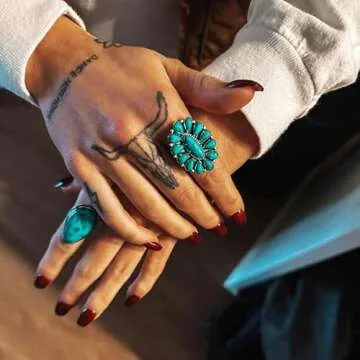 Southwest Style Ring Sterling Silver Genuine Turquoise & Gemstones (Turquoise, 7)