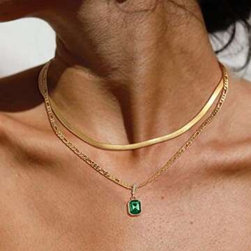 ACECHA Gold Layered Necklaces for Women, 18K Gold Plated Emerald Pendant Rectangle Necklaces for Tee...