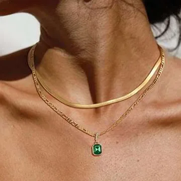 ACECHA Gold Layered Necklaces for Women, 18K Gold Plated Emerald Pendant Rectangle Necklaces for Tee...