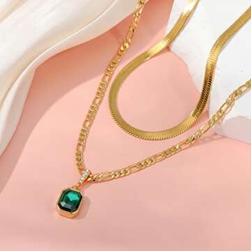 ACECHA Gold Layered Necklaces for Women, 18K Gold Plated Emerald Pendant Rectangle Necklaces for Teen, Layering Choker Necklace Jewelry Gifts (Green)