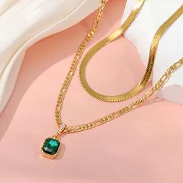 ACECHA Gold Layered Necklaces for Women, 18K Gold Plated Emerald Pendant Rectangle Necklaces for Teen, Layering Choker Necklace Jewelry Gifts (Green)