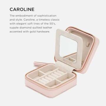 Wolf Designs Caroline Zip Travel Case, Rose Quartz - Seven Ring Rolls, Four Compartments, Three Necklace Hooks & Pocket - Anti-Tarnish LusterLoc Lining