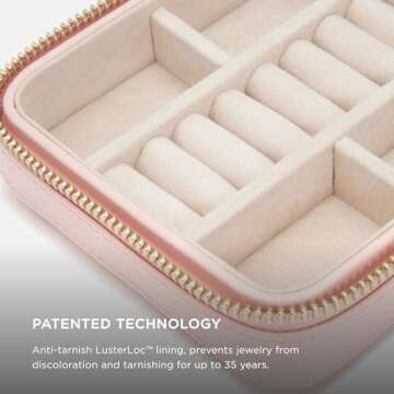 Wolf Designs Caroline Zip Travel Case, Rose Quartz - Seven Ring Rolls, Four Compartments, Three Necklace Hooks & Pocket - Anti-Tarnish LusterLoc Lining