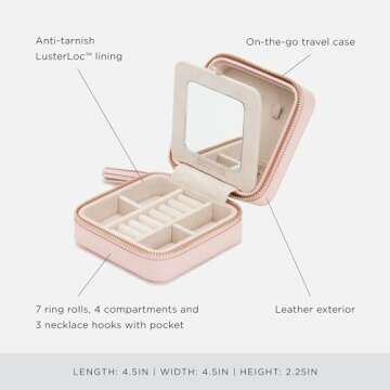 Wolf Designs Caroline Zip Travel Case, Rose Quartz - Seven Ring Rolls, Four Compartments, Three Necklace Hooks & Pocket - Anti-Tarnish LusterLoc Lining