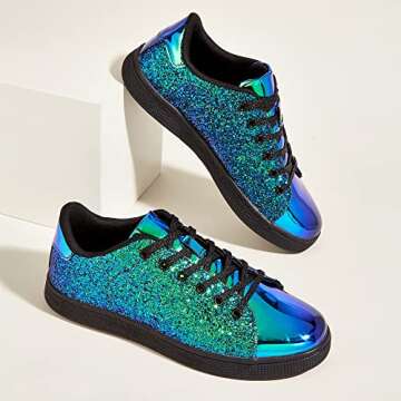 LUCKY STEP Glitter Sneakers Lace up | Fashion Sneakers | Sparkly Shoes for Women (9 B(M) US,Green Ho...