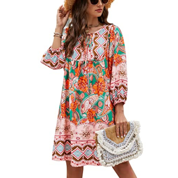 Bluetime Women Casual Mini Dresses 3/4 Sleeve Bohemian Dress V Neck Floral Print Babydoll Flowy Dres...