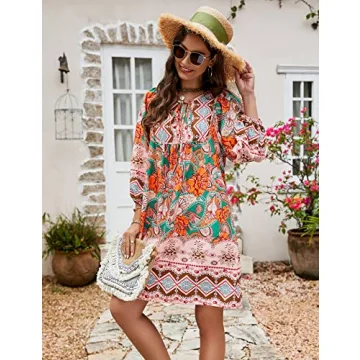 Bluetime Women Casual Mini Dresses 3/4 Sleeve Bohemian Dress V Neck Floral Print Babydoll Flowy Dress (M, Green)