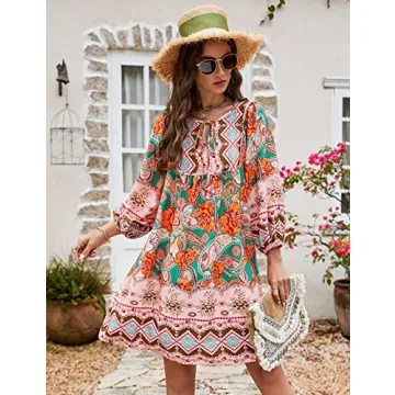 Bluetime Women Casual Mini Dresses 3/4 Sleeve Bohemian Dress V Neck Floral Print Babydoll Flowy Dress (M, Green)