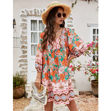 Bluetime Women Casual Mini Dresses 3/4 Sleeve Bohemian Dress V Neck Floral Print Babydoll Flowy Dress (M, Green)