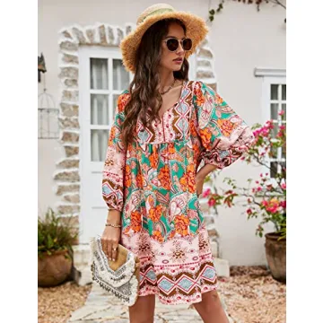 Bluetime Women Casual Mini Dresses 3/4 Sleeve Bohemian Dress V Neck Floral Print Babydoll Flowy Dress (M, Green)