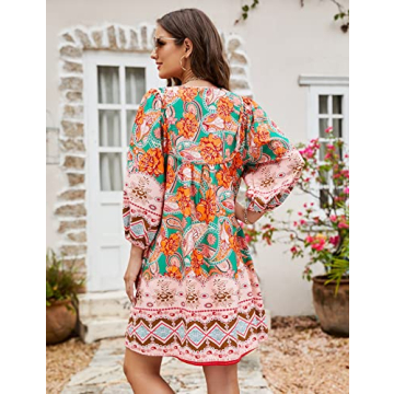 Bluetime Women Casual Mini Dresses 3/4 Sleeve Bohemian Dress V Neck Floral Print Babydoll Flowy Dress (M, Green)