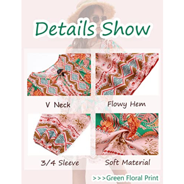 Bluetime Women Casual Mini Dresses 3/4 Sleeve Bohemian Dress V Neck Floral Print Babydoll Flowy Dress (M, Green)
