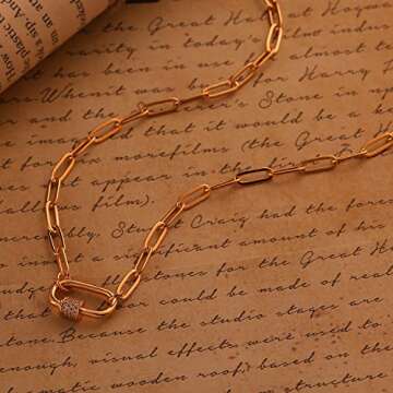 MRSXIA Carabiner Chain Necklace for Women Gold Choker Oval Screw Clasp Paperclip Link Sideways Diamond Cubic Zirconia 18K Gold Filled Dainty Chain Simple Jewelry