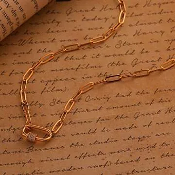 MRSXIA Carabiner Chain Necklace for Women Gold Choker Oval Screw Clasp Paperclip Link Sideways Diamond Cubic Zirconia 18K Gold Filled Dainty Chain Simple Jewelry