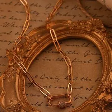 MRSXIA Carabiner Chain Necklace for Women Gold Choker Oval Screw Clasp Paperclip Link Sideways Diamond Cubic Zirconia 18K Gold Filled Dainty Chain Simple Jewelry