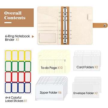MoKo Budget Binder with Zipper Envelopes, A6 Binder Notebook PU Leather Money Organizer, 21 Pcs Budgeting Planner Money Saving Binder with Clear Cash Pockets, Card Holder, Label Stickers, Paper, Beige