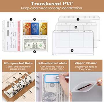 MoKo Budget Binder with Zipper Envelopes, A6 Binder Notebook PU Leather Money Organizer, 21 Pcs Budgeting Planner Money Saving Binder with Clear Cash Pockets, Card Holder, Label Stickers, Paper, Beige