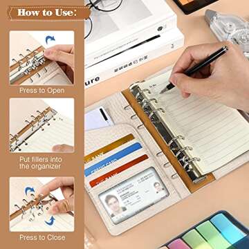 MoKo Budget Binder with Zipper Envelopes, A6 Binder Notebook PU Leather Money Organizer, 21 Pcs Budgeting Planner Money Saving Binder with Clear Cash Pockets, Card Holder, Label Stickers, Paper, Beige