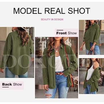 Dokotoo Womens Soft Cuffed Sleeve Corduroy Collar Shirts Long Plus Size Button Down Blouse Tops XL Dark Green