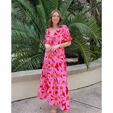 BTFBM Boho Floral Maxi Dress - Flowy Casual Summer Wear