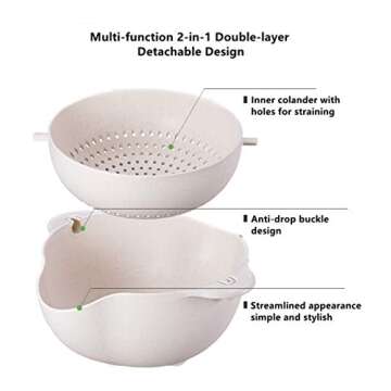 Fantasee Multifunctional Kitchen Rolling Colander, Double Layer Swivel Drainer 2 in 1 Fruit Drainer Bowl, Large Size Wheat color