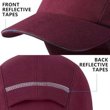 GADIEMKENSD Winter Fleece Hats Reflective Ponytail Hat for Women Baseball Caps with Earflap Drop Down Ear Warmer Mens Skull Cap Beanie with Visor Cold Hat for Outdoor Hiking Running Snow Ski Wine Red