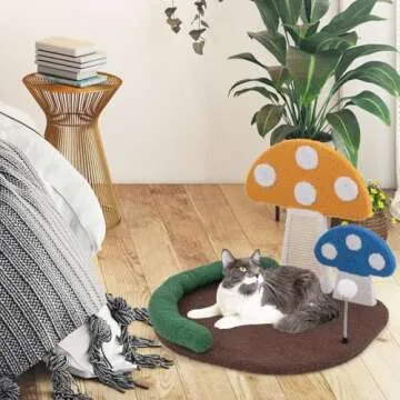 Tangkula Mushroom Cat Bed, Cat Claw Scratcher with Wide Large Platform, Sisal Scratching Panel, Spring Ball, PP Cotton Padded Headrest, Cat Tree House with Interactive Toys for Kittens