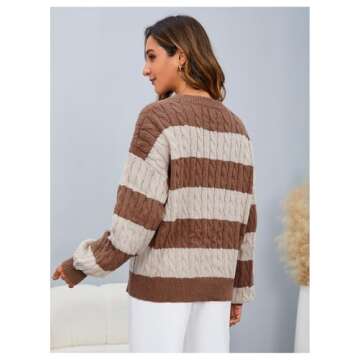 MakeMeChic Women's Cable Knit Color Block Striped Sweater V Neck Long Sleeve Pullover Tops Beige and...