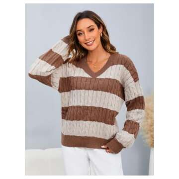 MakeMeChic Women's Cable Knit Color Block Striped Sweater V Neck Long Sleeve Pullover Tops Beige and Brown X-Small