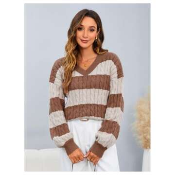 MakeMeChic Women's Cable Knit Color Block Striped Sweater V Neck Long Sleeve Pullover Tops Beige and Brown X-Small