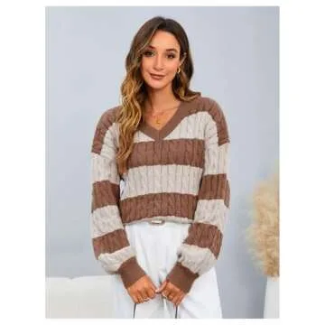 MakeMeChic Women's Cable Knit Color Block Striped Sweater V Neck Long Sleeve Pullover Tops Beige and Brown X-Small