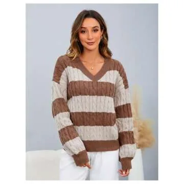 MakeMeChic Women's Cable Knit Color Block Striped Sweater V Neck Long Sleeve Pullover Tops Beige and Brown X-Small